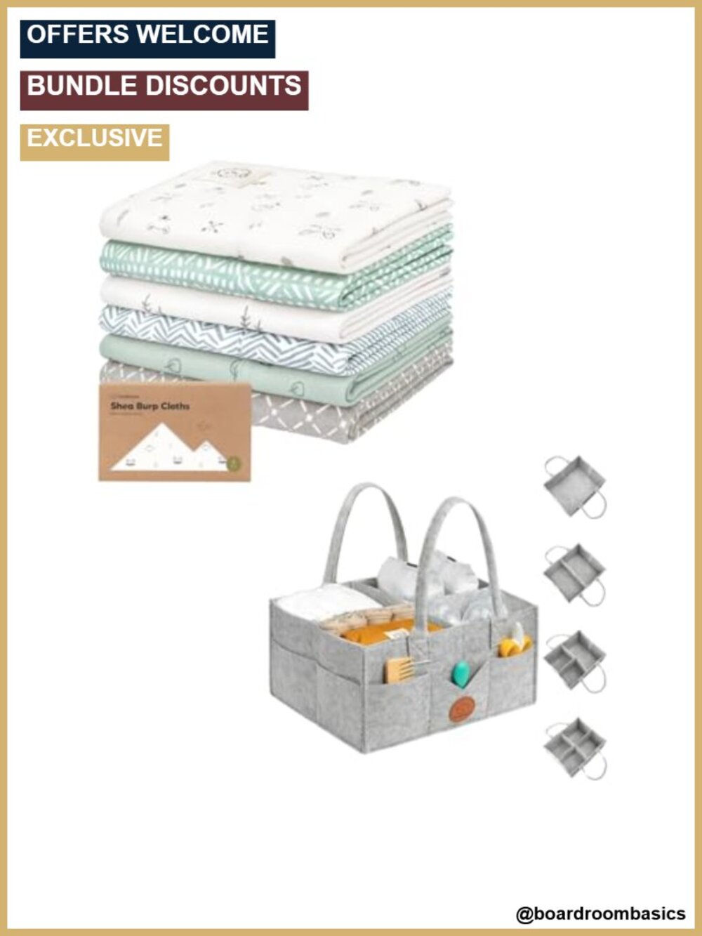 6-Pack Baby Burp Cloths Cotton Large & Diaper Caddy Organizer Set